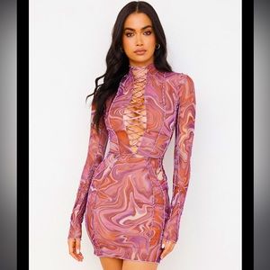 House of CB Dylan Purple Printed Mesh Lace Up Mini Dress